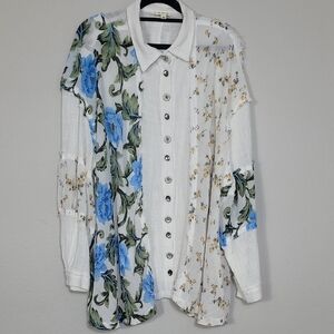 POL Floral Patchwork Button Up Shirt Size S Long Sleeve Gauzy Boho 100% Cotton